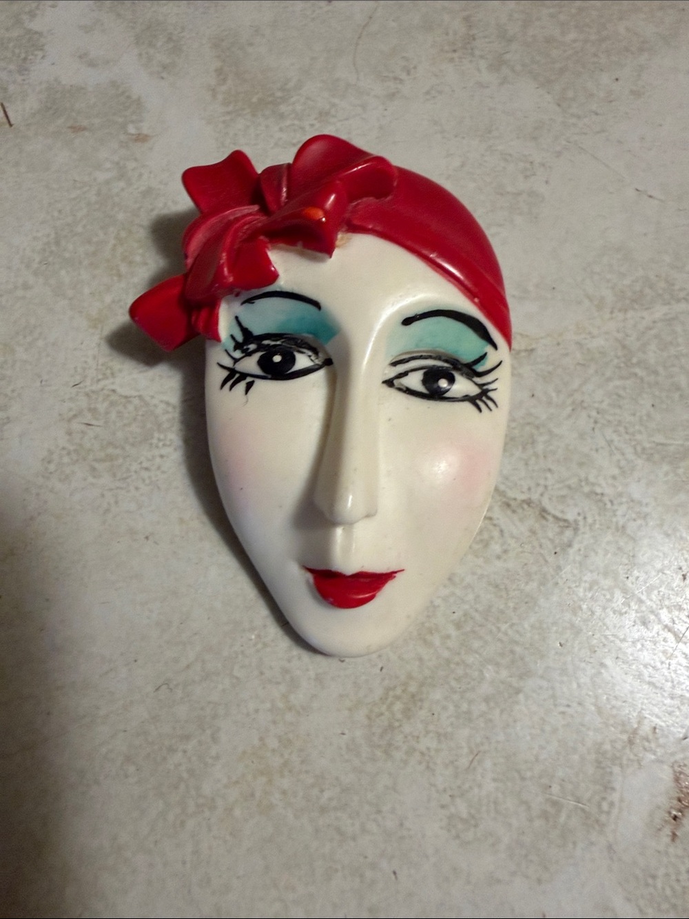 Vintage-Inspired Lady Face Pin with Red headscarf White Face Brooch -